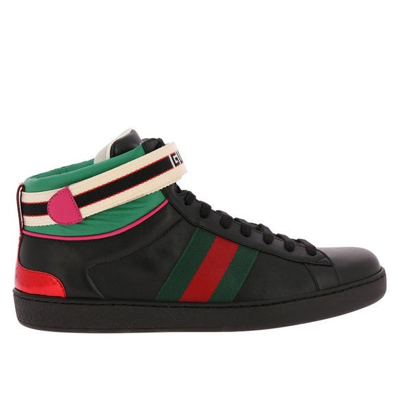 Gucci Mens Black Ace sneakers in soft leather w Web bands nylon NIB New in Box - Picture 8 of 11